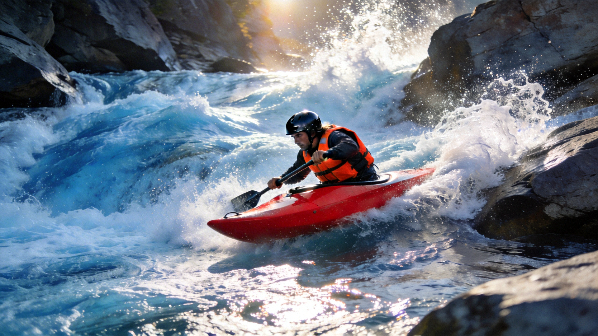 探险者在湍急的河流中进行皮划艇极限运动