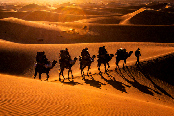 徒步穿越沙漠的探险队伍在夕阳下的剪影